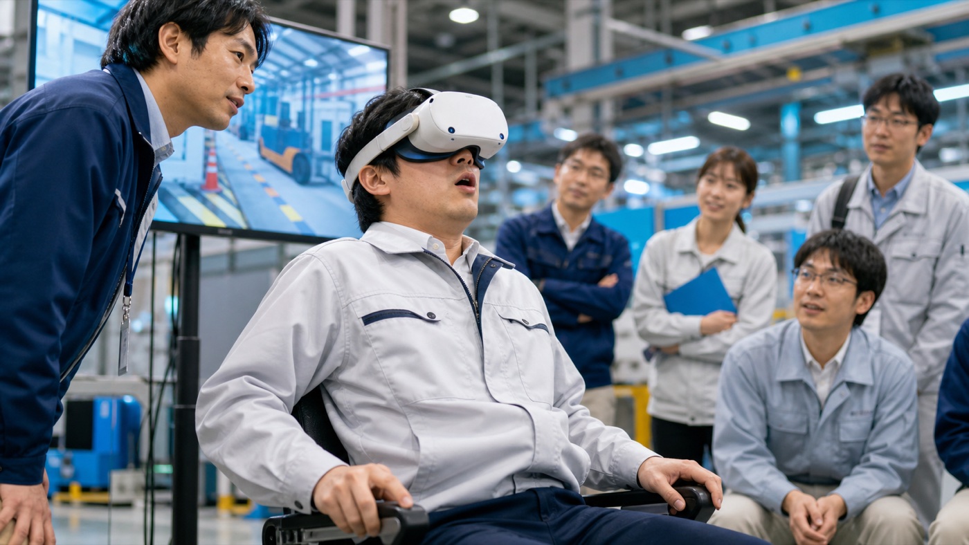 VRゴーグルを装着し、事故が迫る距離感を身体で感じる安全大会の参加者