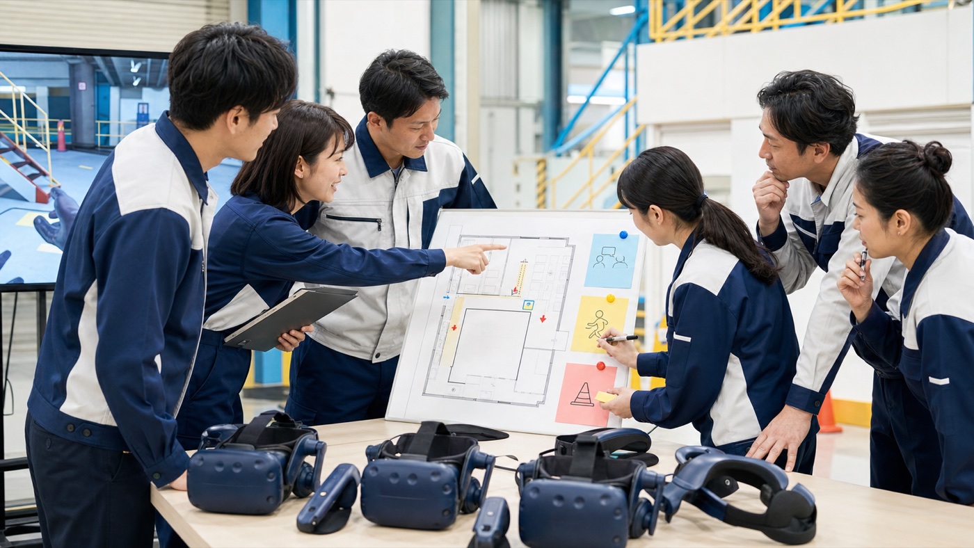 VR体験後に仲間と危険箇所を話し合い、現場で実行する安全行動を決める参加者
