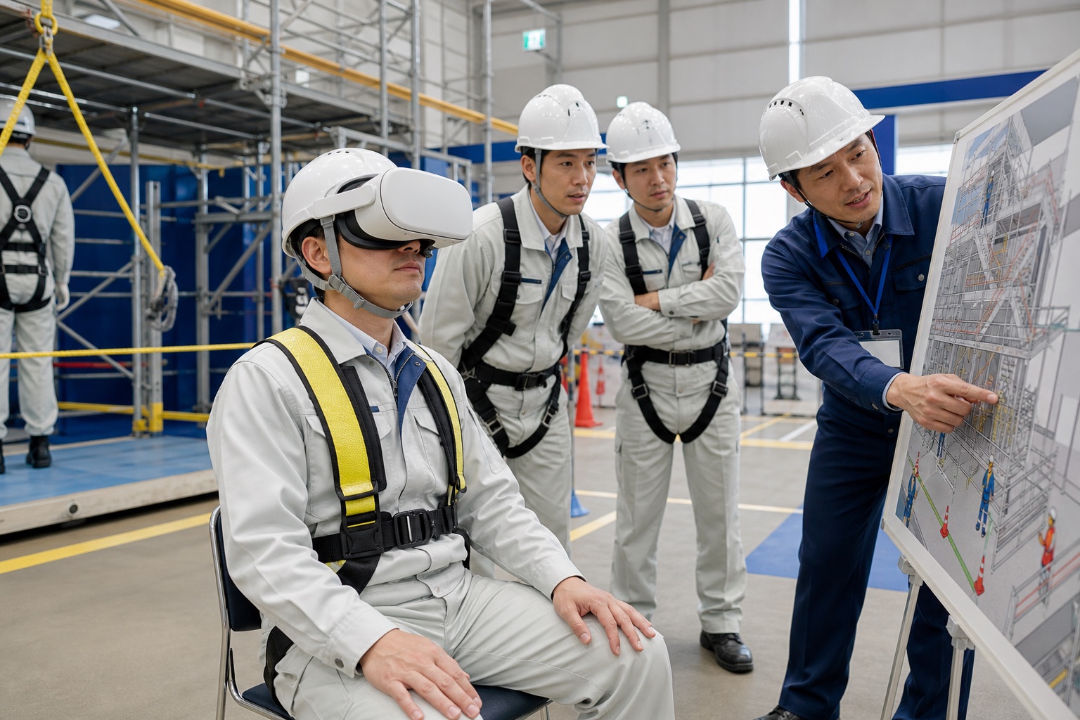 建設現場の安全大会でVR体験と危険箇所の振り返りを行う作業員
