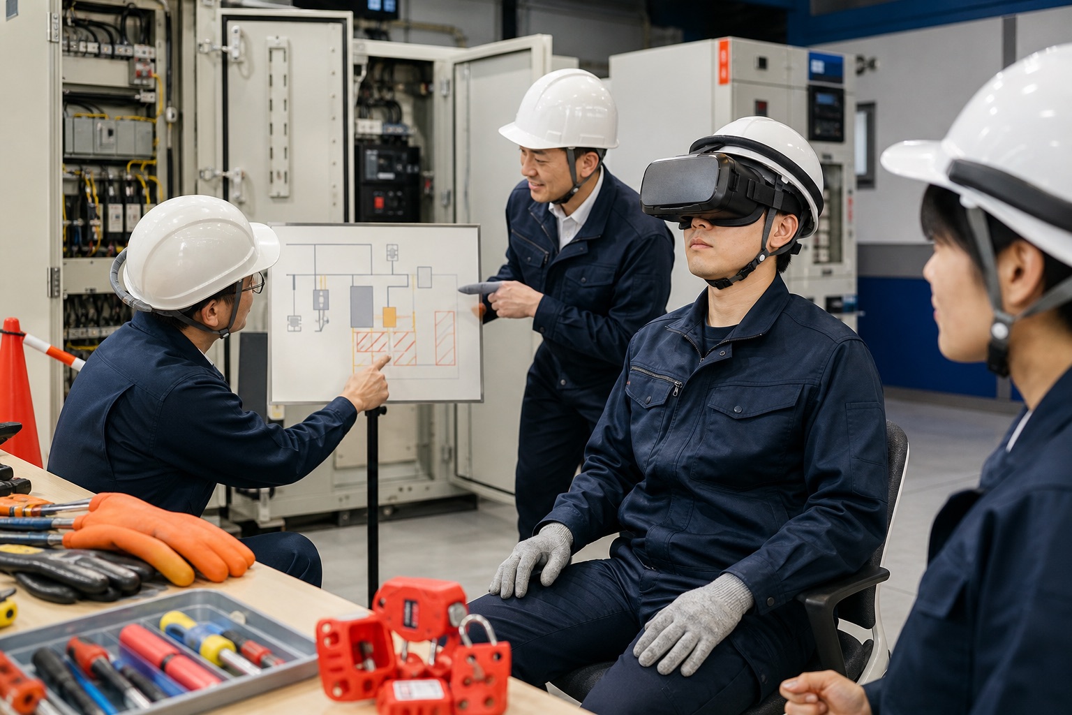 電気工事の安全大会でVR体験後に検電や危険箇所を議論する作業員