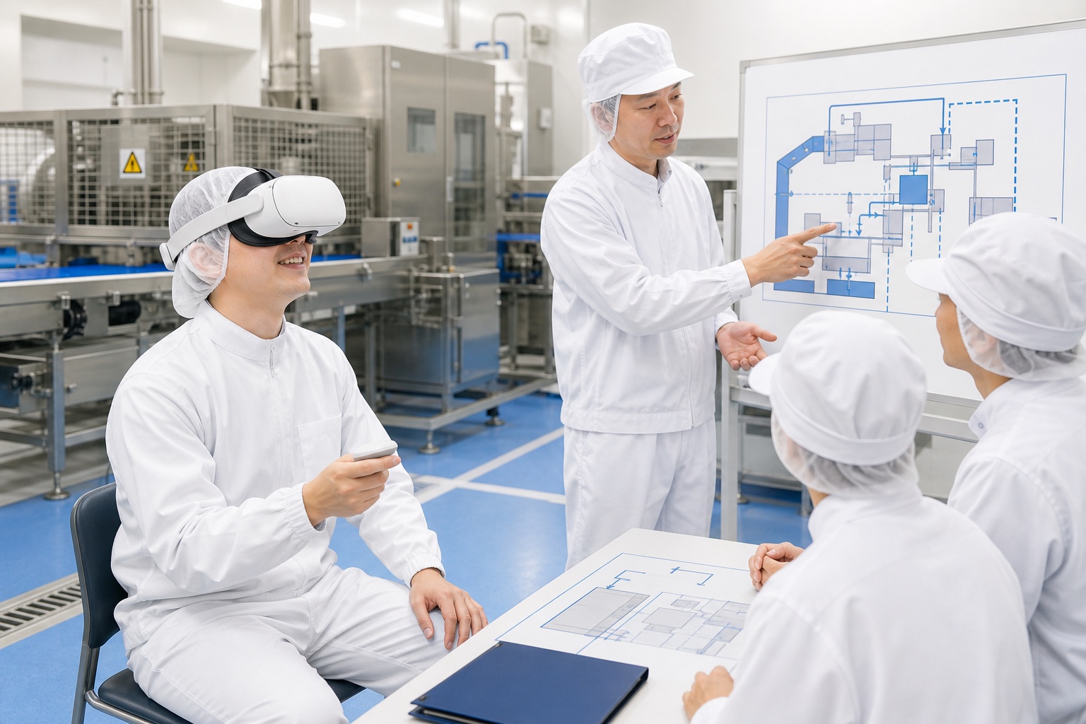 食品加工工場の安全大会でVRを体験し設備リスクと衛生区画を話し合う作業員