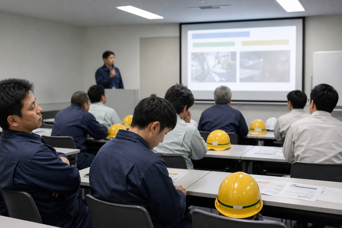 準備時間が足りず、毎年同じ形式の講話を受け身で聞く安全大会の参加者