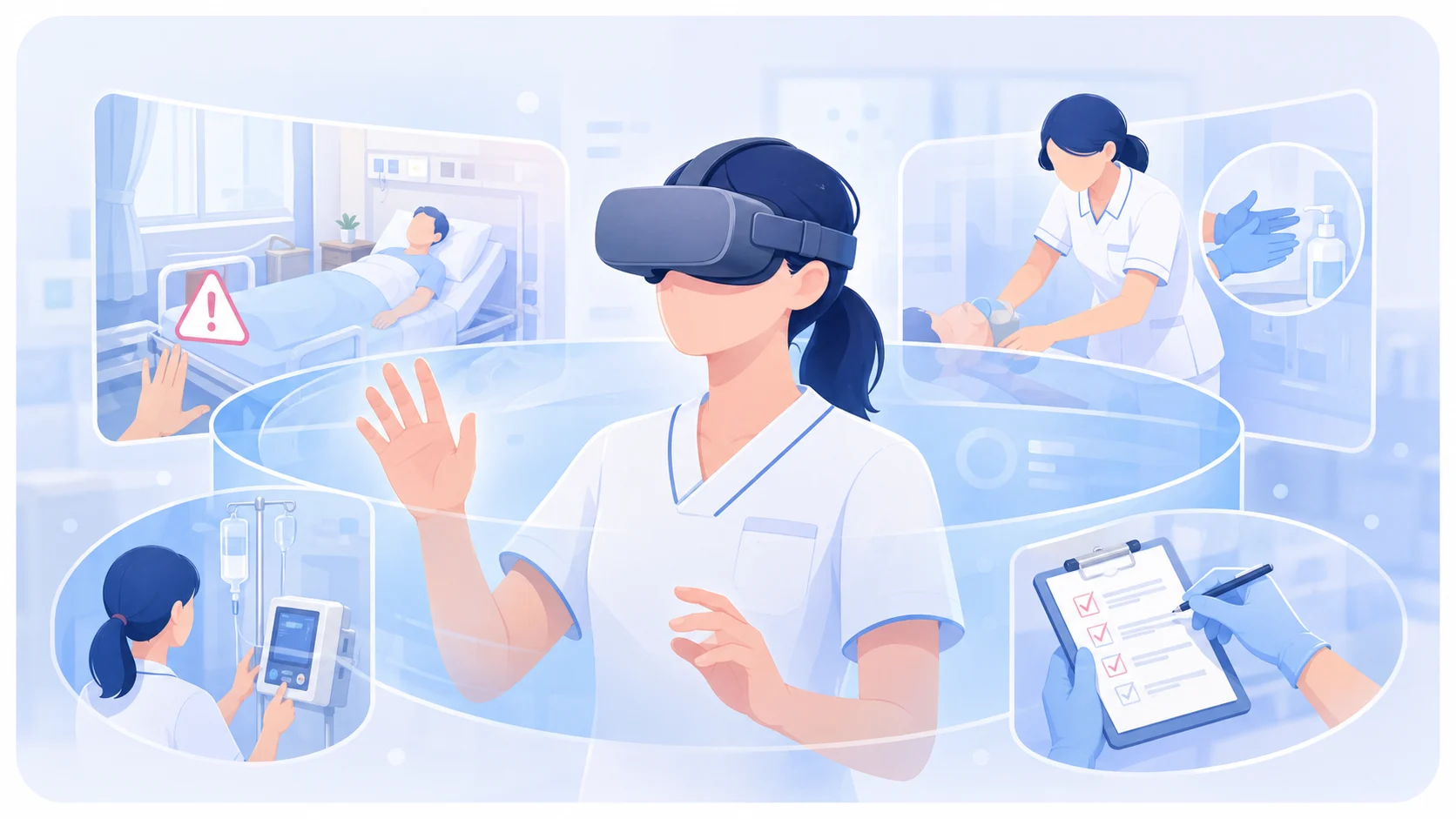 VRで臨床現場の暗黙知と危険予知を学ぶイメージ