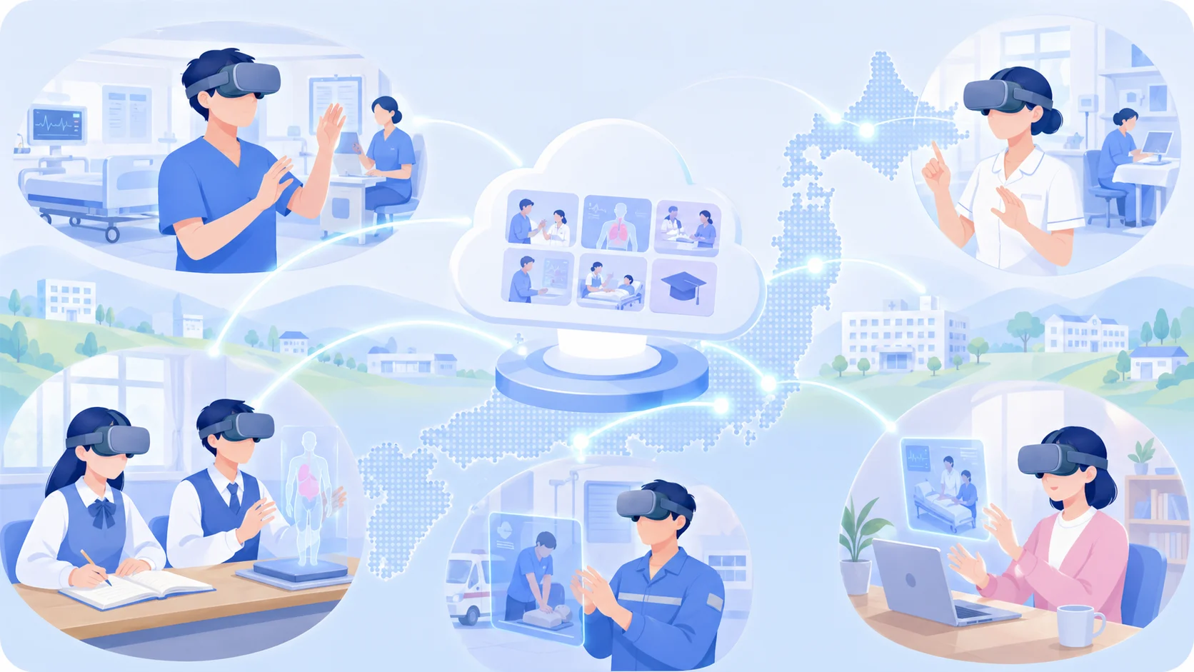 地域を越えて同じ品質のVR研修を届けるイメージ