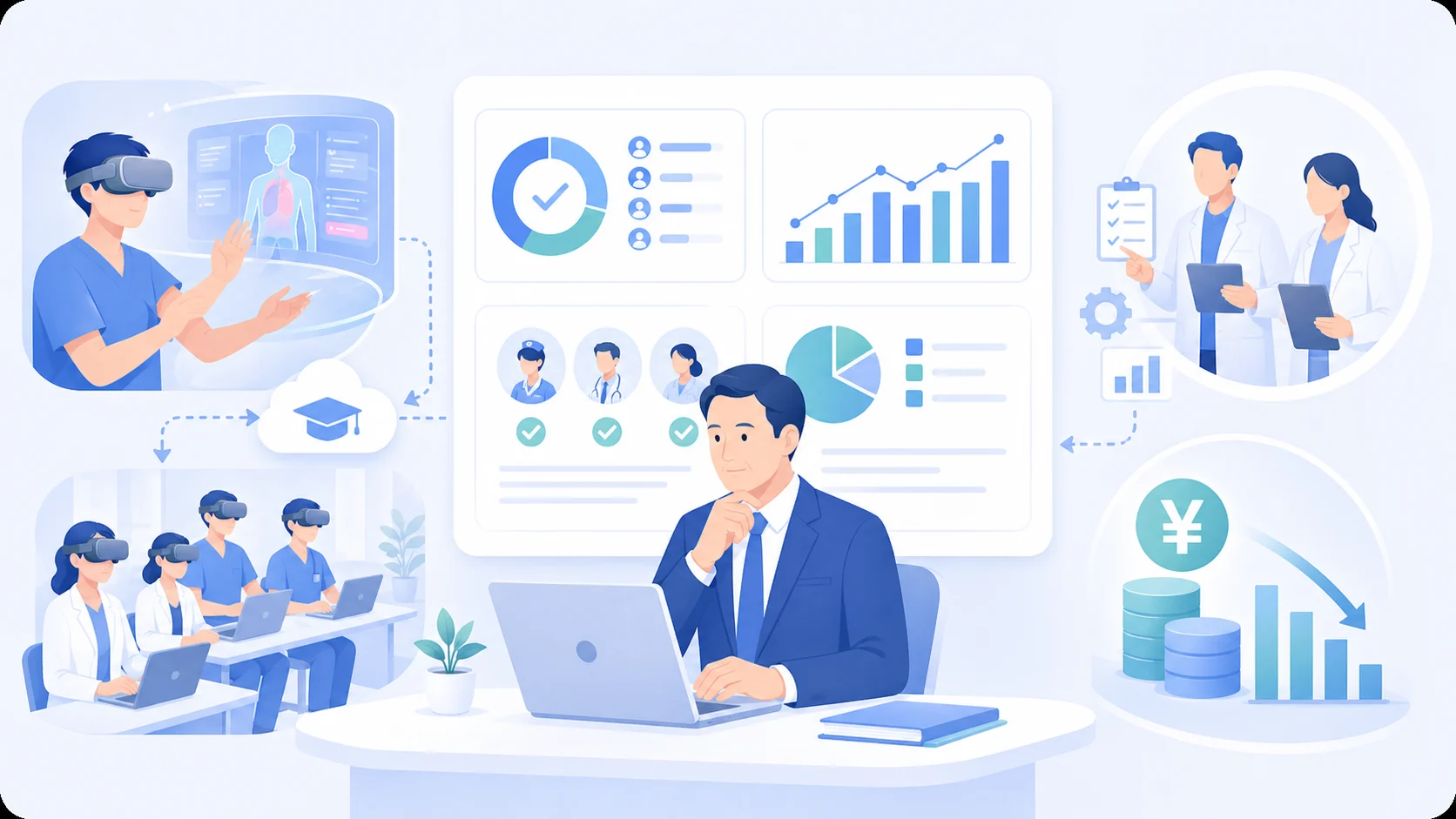 研修管理とコスト効率を可視化する経営支援のイメージ