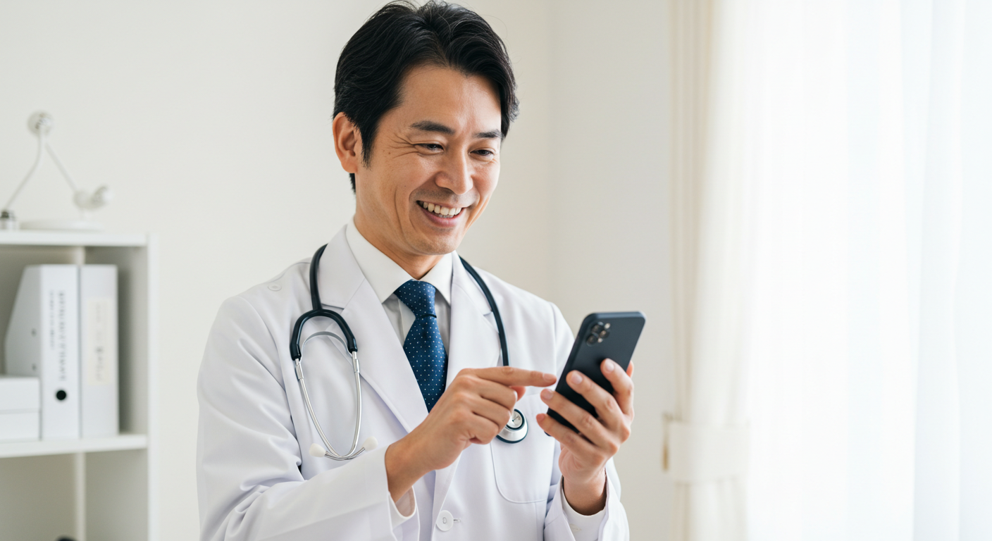 スマートフォンで360°VR実習をする医師