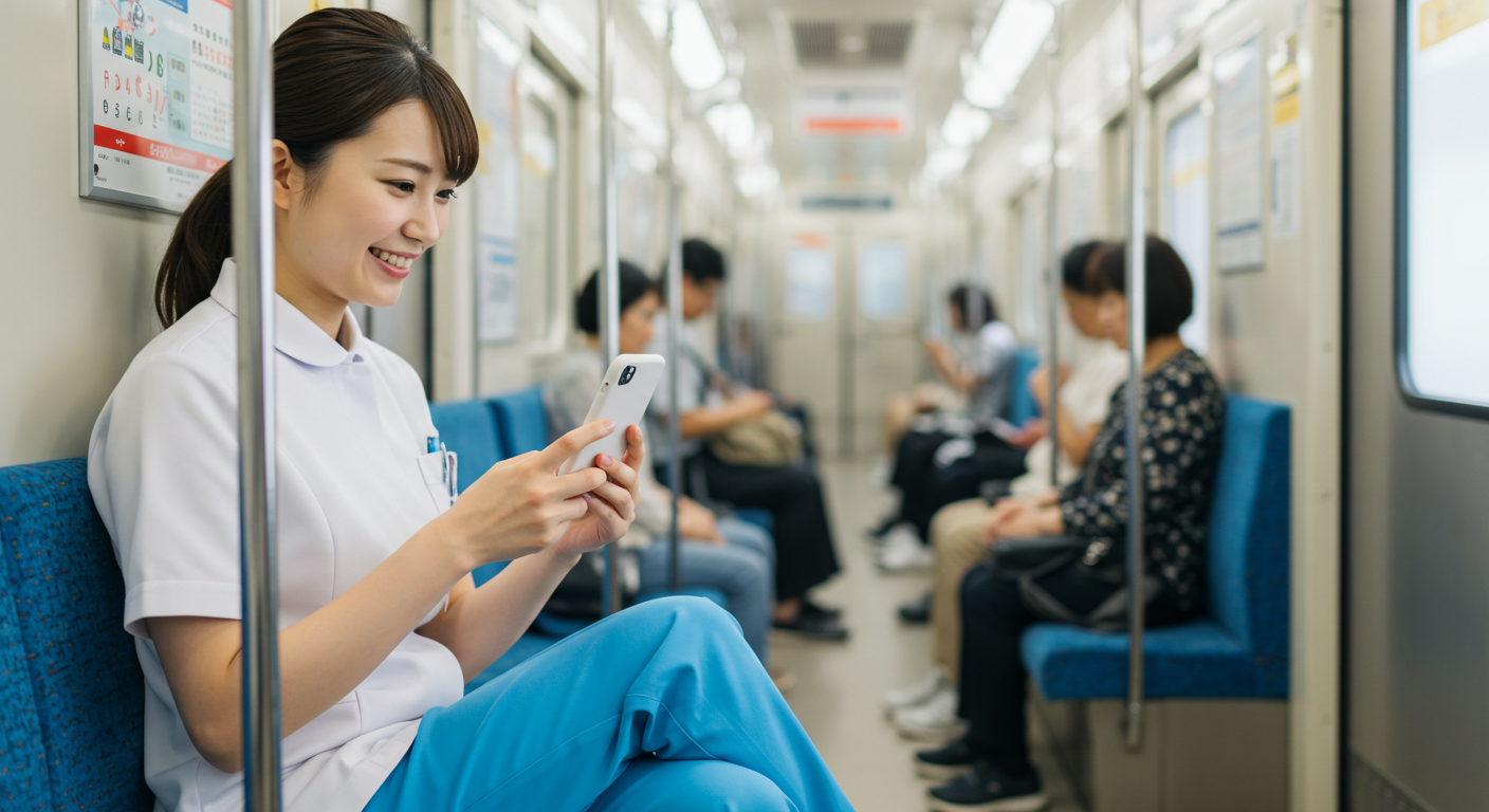 電車でスマホ学習する看護師